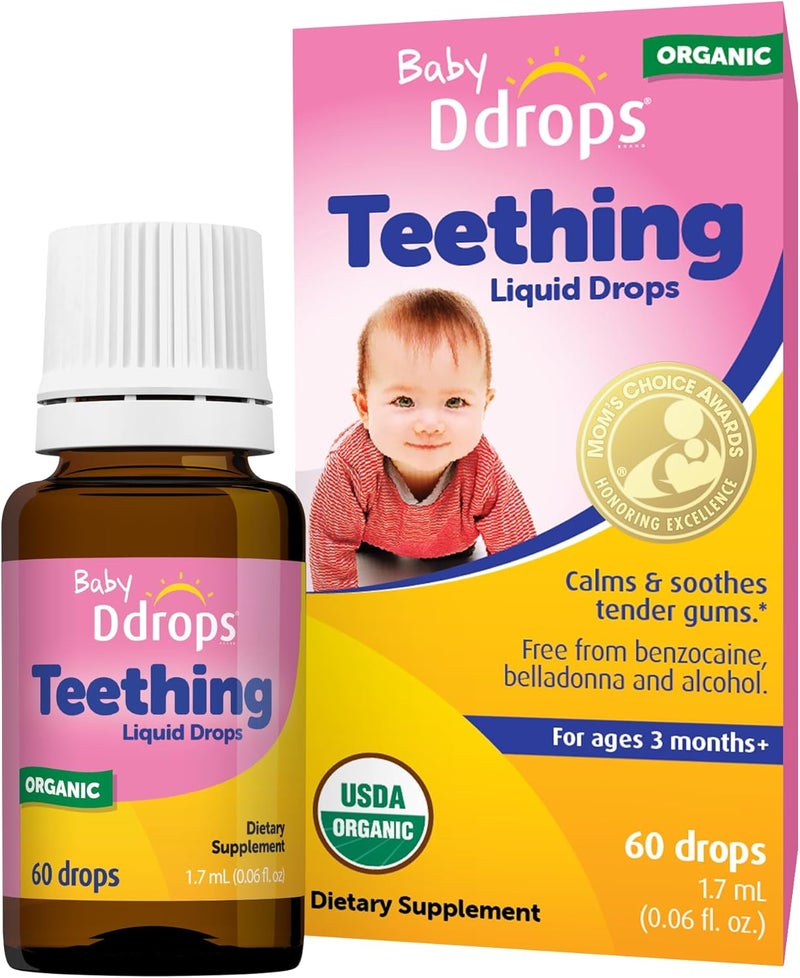 Ddrops Organic Baby Teething Liquid Drops, for Ages 3 Months+, 60 Drops, 0.06 fl oz (1.7 ml) - Image 1